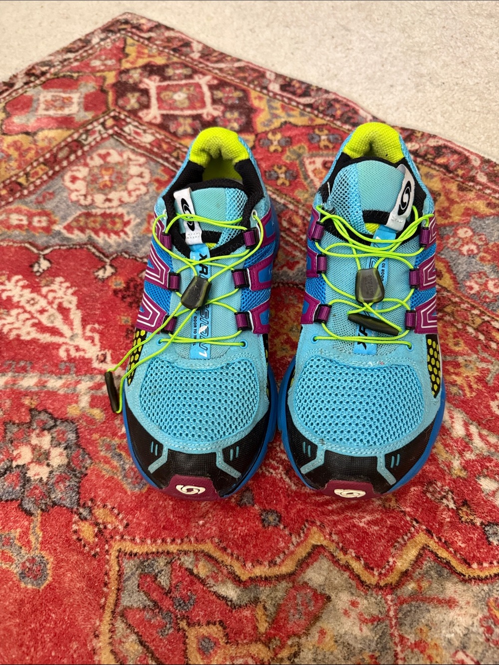 Salomon Women's Light Blue Athletic Trail Running Shoes with Neon Yellow Accents